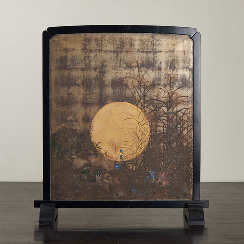 JAPANESE FULL MOON AND CHRYSANTHEMUMS ON REVERSE FREE STANDING SCREEN